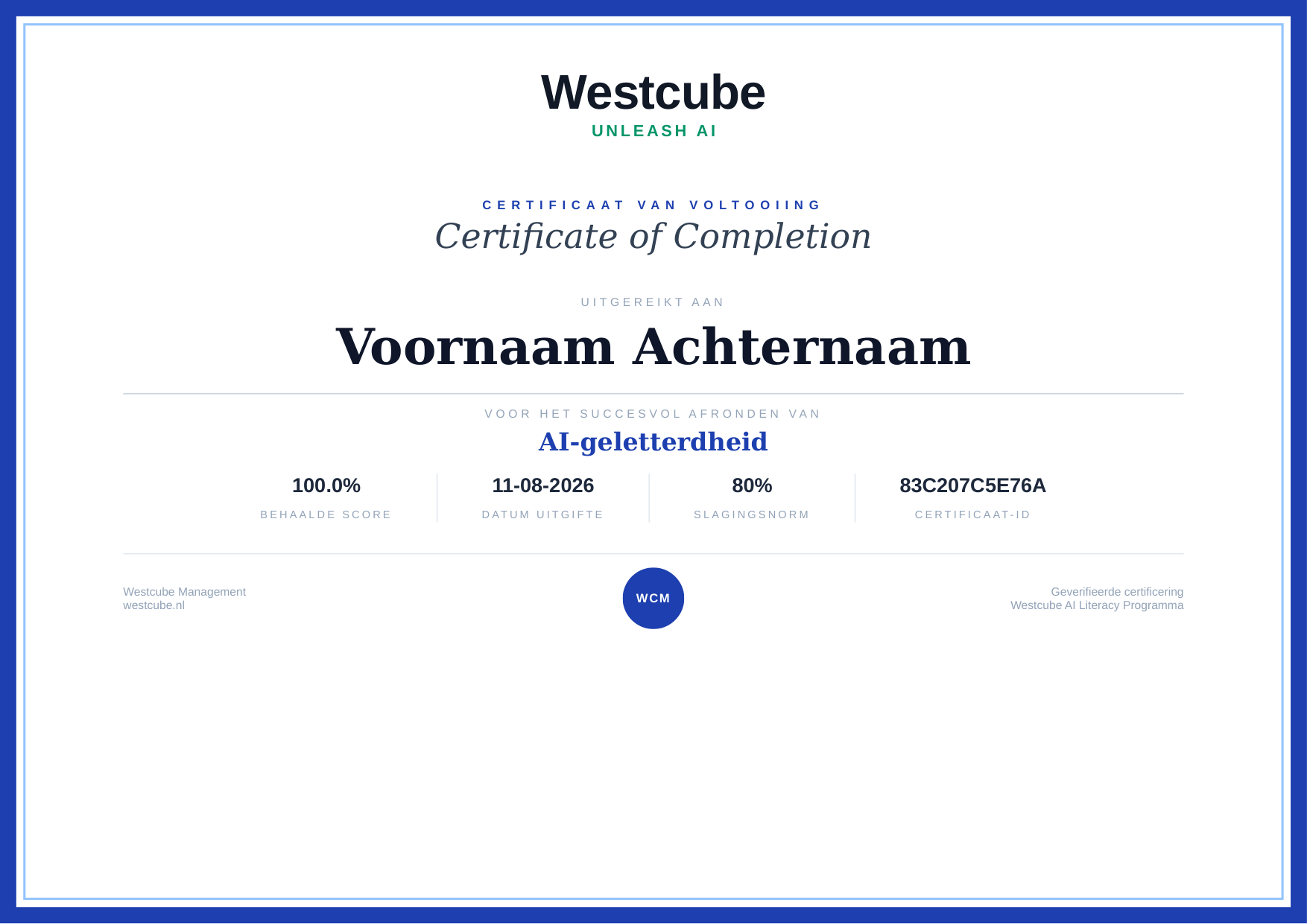 Voorbeeld van een Westcube-certificaat AI-geletterdheid