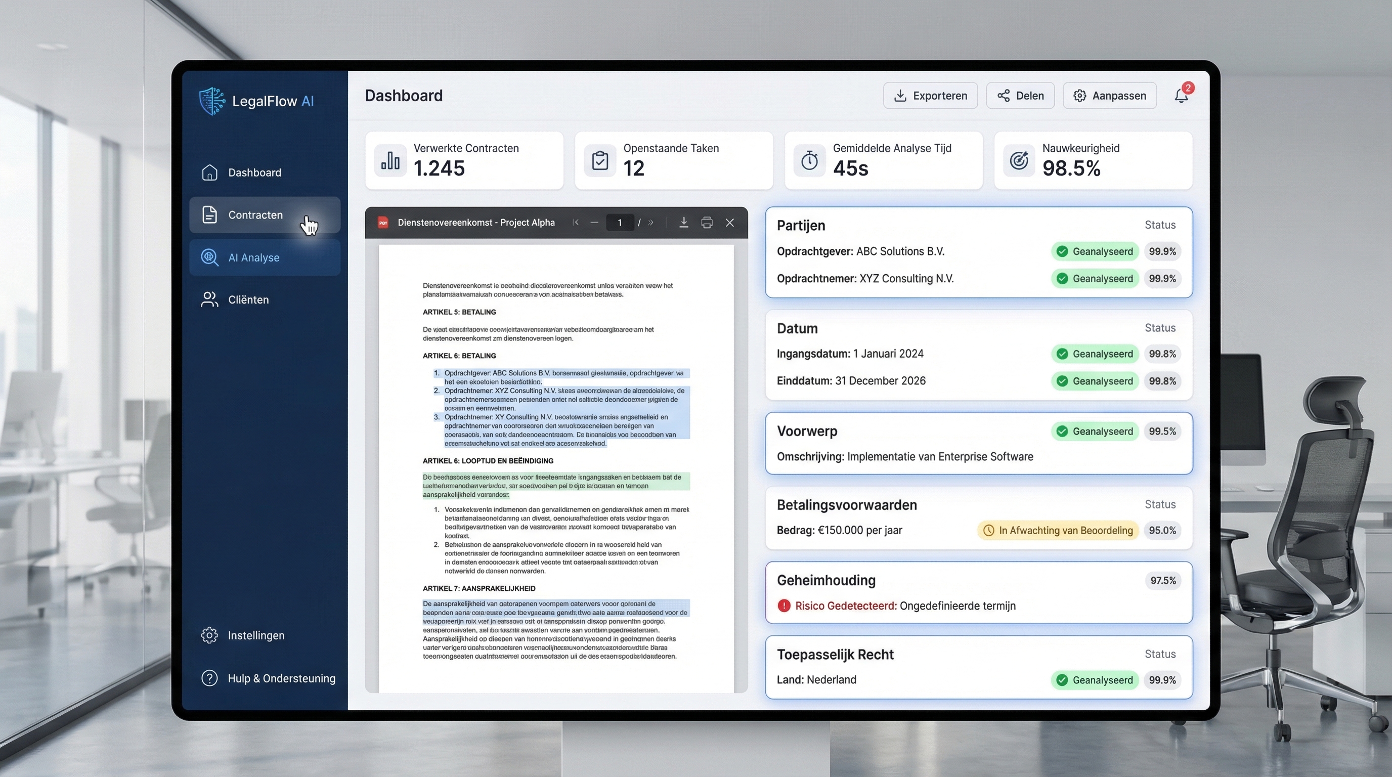 Rechtfabriek dashboard met contractanalyse overzicht