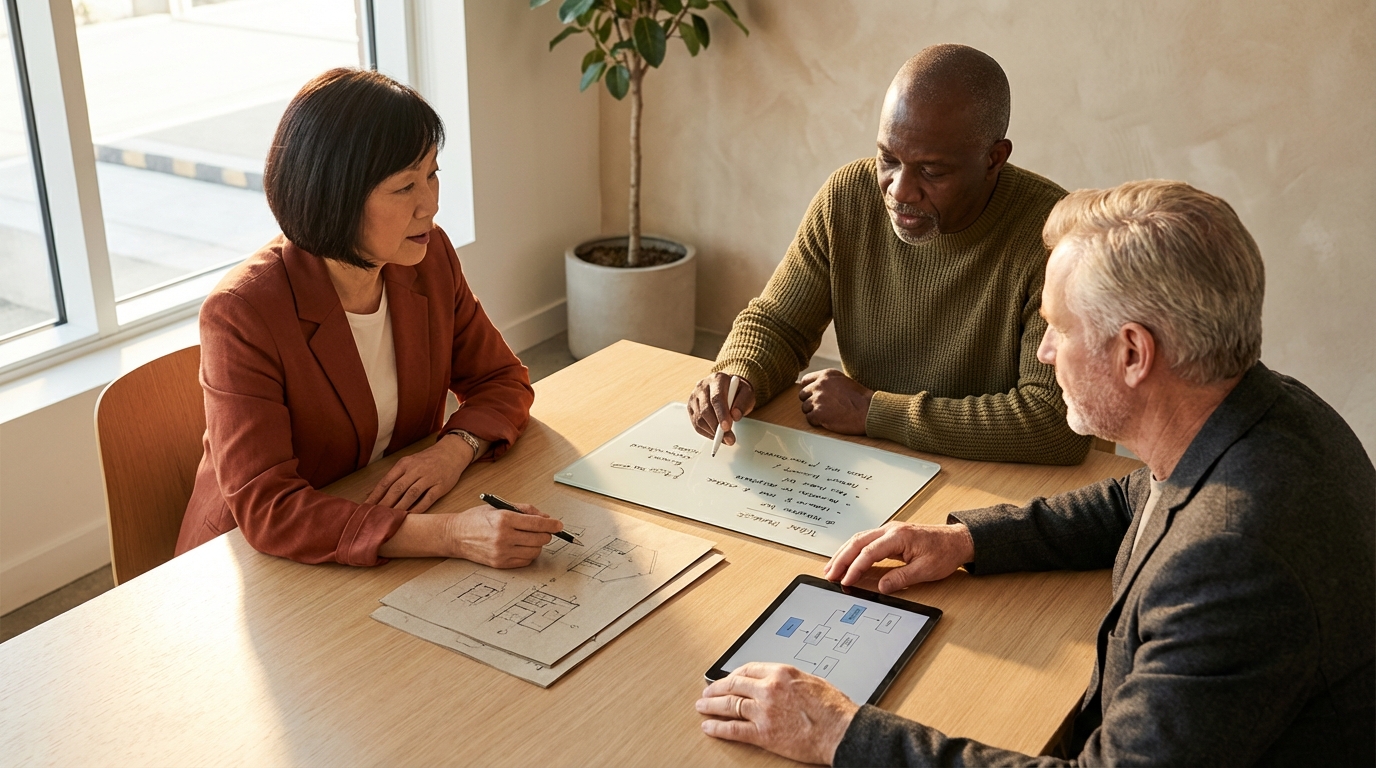 Klein team van professionals werkt samen aan documenten in een licht kantoor