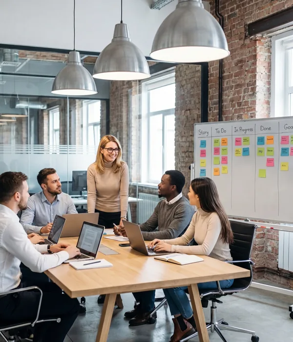 Team in agile overleg met kanban board